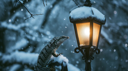 Fototapeta na wymiar Iguana perched by a snowy lantern.