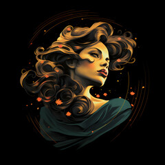 a portrait of a woman in a green dress with long hair and a black background. Vintage tattoo or t-shirt design.