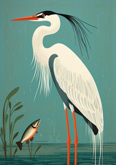 image of a stork in a river with lots of small trees, eating, beautiful illustration, vector, sketch, Generate AI.