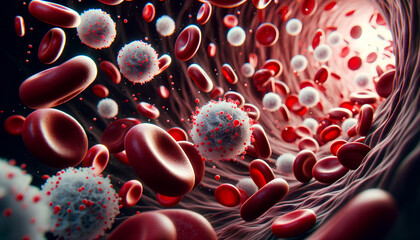 3D Medical Illustration of Leukocytes and Erythrocytes in Bloodstream - Immune and Circulatory Health. AI Generative.