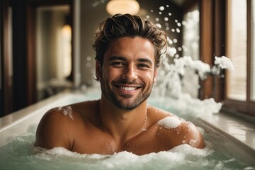 A close-up portrait of a handsome brutal smiling man in a bathtub with white foam.