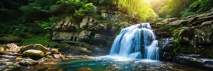 Fototapeta premium Panoramic view of waterfall in deep forest. Beautiful nature background.