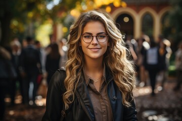 Fototapeta premium A student girl with a backpack and glasses in the park in autumn 