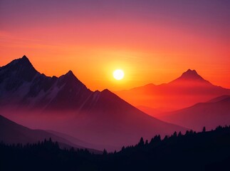 View of the sun setting through the big mountains at a beautiful sunset, lovely silhouette background