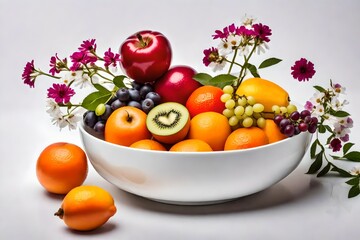 Obraz na płótnie Canvas Photorealistic , minimalistic bowl of placement of fruit with flowers, white background, beautiful, delicious food, recipe photography