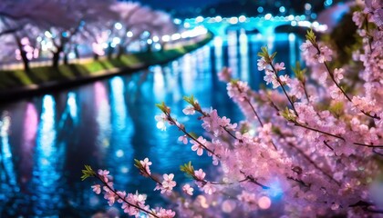 Naklejka na ściany i meble 桜が舞い散る湖畔の道