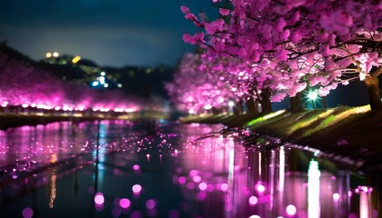 桜が舞い散る湖畔の道
