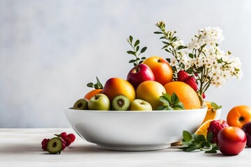 Obraz na płótnie Canvas Photorealistic , minimalistic bowl of placement of fruit with flowers, white background, beautiful, delicious food, recipe photography