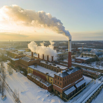 Aerial View Of Old Paper Mill Factory. Bird's-eye View At Sunny Snowy Winter Day