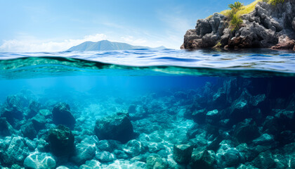 A Coral reef with a tropical island in the background