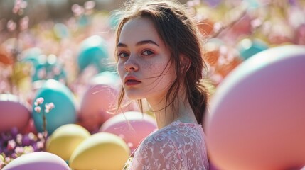 Fototapeta premium Contemplative Young Woman Amidst Pink Balloons. A thoughtful young woman surrounded by a myriad of pink balloons.