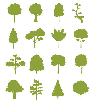 Set of trees silhouettes isolated on white background. Vector illustration.