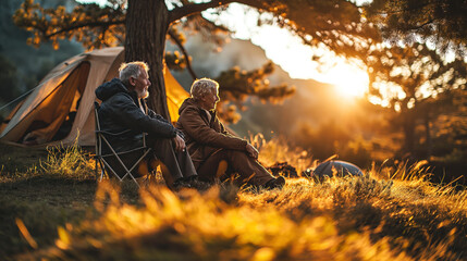 Portrait of a senior couple enjoying time outdoors camping, sitting on camping chairs on grass, glamping at evening. The concept of active age