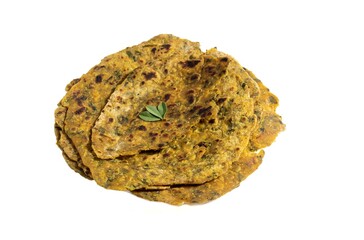 Methi Paratha or Fenugreek Paratha Isolated on White Background with Copy Space