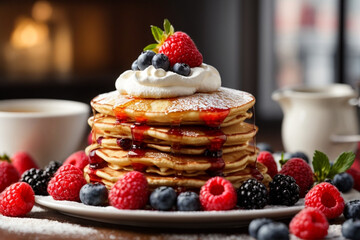 pancakes with whipped cream and syrup