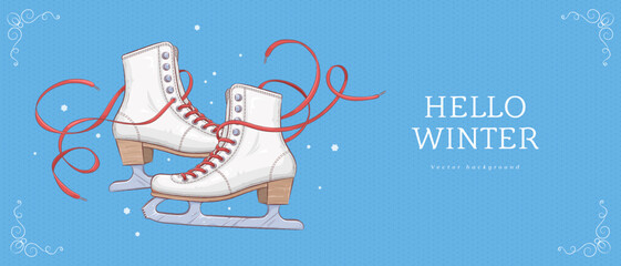 Hello winter horizontal banner of greeting card design template with hand drawn retro ice skate shoes on blue background. Vintage elegant style. Vector illustration
