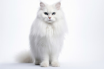 Fototapeta premium Turkish Angora cat sitting on a white background. Animal front portrait.