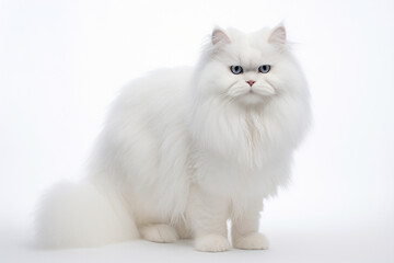 Fototapeta premium Turkish Angora cat sitting on a white background. Animal right-side portrait.