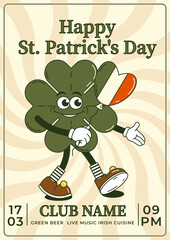 Happy Saint Patricks Day retro party invitation. Funky groovy cartoon character clover. Vintage funny mascot patch psychedelic smile and emotion. Comic trendy vector illustration
