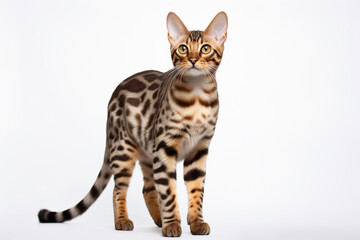 Obraz premium Bengal cat standing on a white background. Animal front portrait.