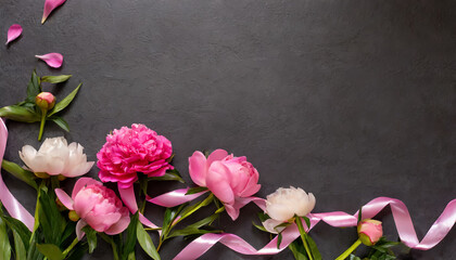 Peonies flowers background with copy space for text. Woman's Day and Mother's Day greeting card.