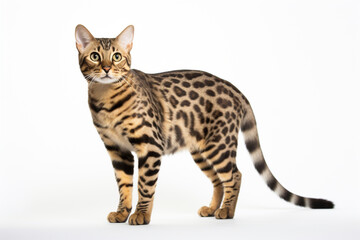 Obraz premium Bengal cat standing on a white background. Animal left-side portrait.