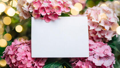 Pink Hydrangea with blank caed in the middle for text  floral background with copy space for text. Mother's Day and Woman's Day greeting card.