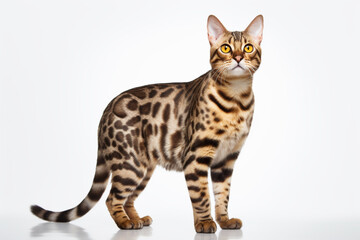 Bengal cat standing on a white background. Animal right-side portrait.