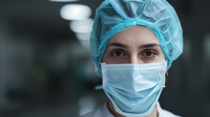 A female doctor is wearing a hygienic face surgical medical mask. Banner panorama medical staff preventive gear. copy space