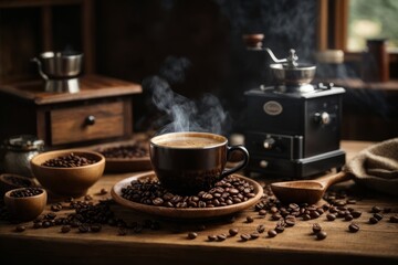 Close-up of a cup of hot fresh steamed coffee with beans on an atmospheric vintage wooden background.