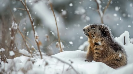 Obraz premium Photograph of a squirrel in its winter habitat, set against a scenic landscape. 