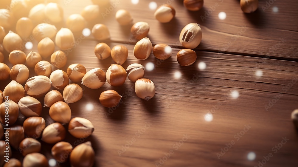 Poster generative ai : hazelnuts spilled on light wood table