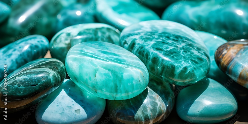 Aufkleber Generative AI : Natural amazonite stone beads in an irregular shape, green and white colors.