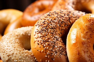 Generative AI : extreme close up of the different bagels food photo