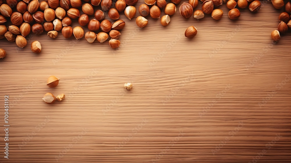 Poster generative ai : hazelnuts spilled on light wood table