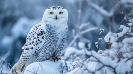 A captivating shot of a snowy owl in a winter landscape, showcasing the beauty of its natural habitat.





