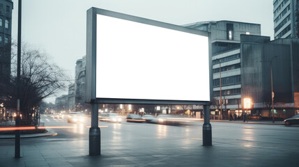 Fototapeta na wymiar Street level billboard on a misty evening, urban setting with moving traffic. Advertisement concept. Generative AI