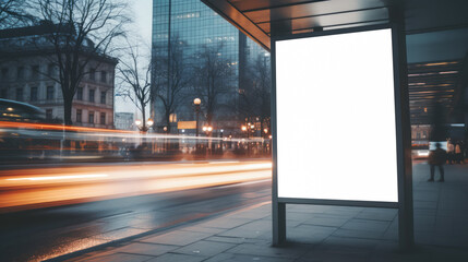 Illuminated blank billboard at a bus stop on a city street at dusk. Urban advertisement concept....