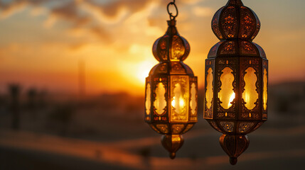 Fototapeta na wymiar Hanging lantern Islamic - generative AI