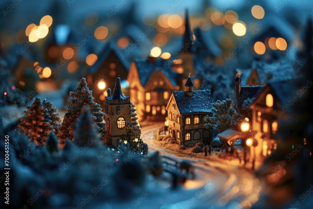 Poster a captivating image of a miniature town beautifully illuminated during the night. perfect for adding