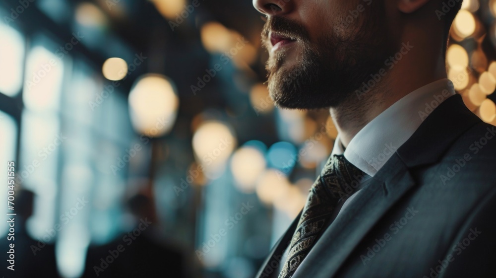 Poster a professional man in a suit and tie, gazing in a different direction. suitable for business-related