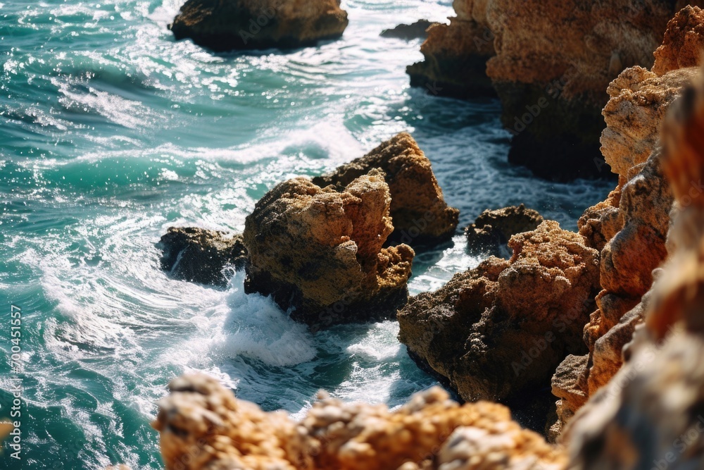 Poster a stunning view of the ocean from the top of a cliff. perfect for travel and nature-themed projects