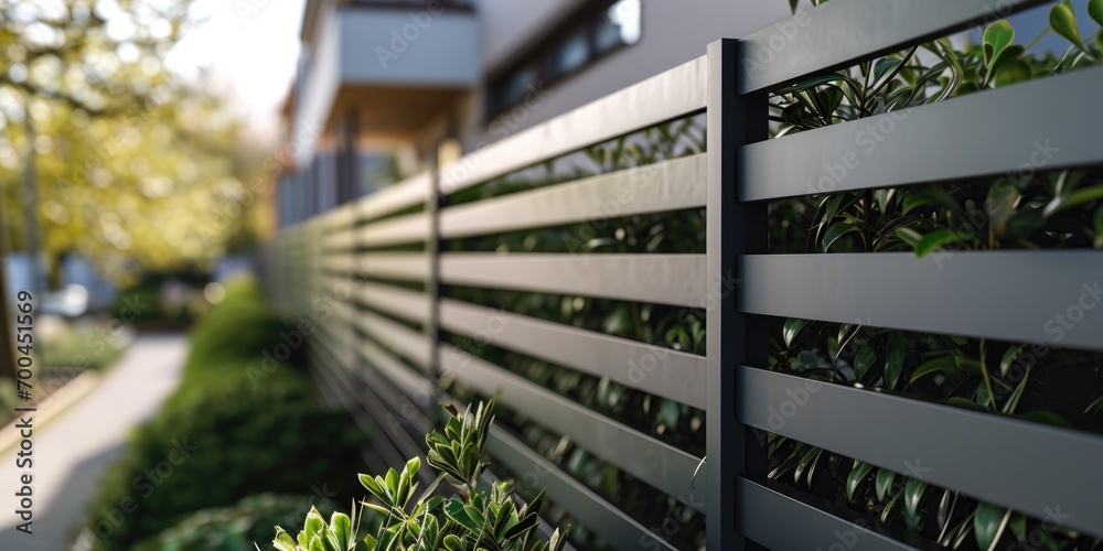 Poster A detailed view of a fence with bushes in the foreground. Ideal for adding a touch of nature to your designs