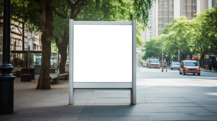 Sunny urban sidewalk with blank billboard surrounded by green trees. City advertising concept. Generative AI