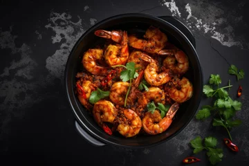 Keuken spatwand met foto A spicy shrimp with herbs and red chili peppers in a black bowl, ready to be served. © NikonLamp