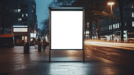 Night view of an illuminated blank billboard on a busy city street. Urban advertising concept. Generative AI - obrazy, fototapety, plakaty