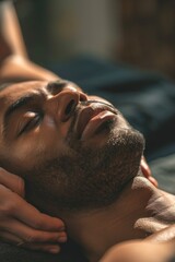 Naklejka premium A man laying on a bed with his eyes closed. Suitable for relaxation and sleep-related concepts