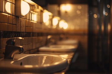 A row of sinks in a public restroom. Suitable for depicting hygiene, cleanliness, and public facilities - obrazy, fototapety, plakaty