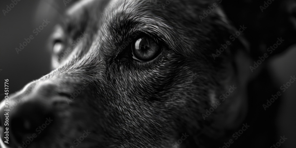 Poster a close-up black and white photo of a dog's face. suitable for various projects and designs