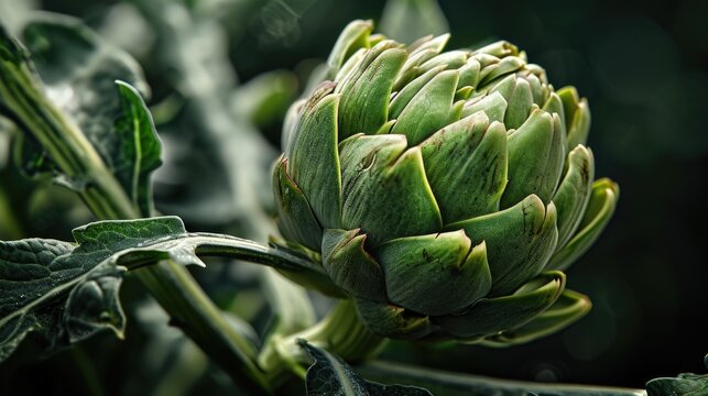 A close-up view of an artichoke plant with vibrant green leaves. This image can be used to showcase the beauty of nature or as a visual representation of fresh and healthy produce